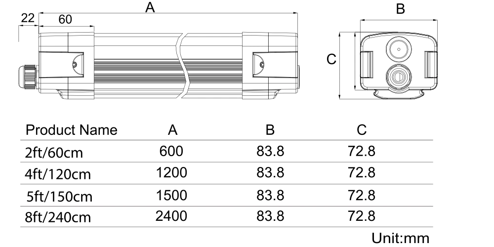 120cm 4FT 40W LED IP65 Batten Weatherproof Waterproof Tri-Proof Fitting